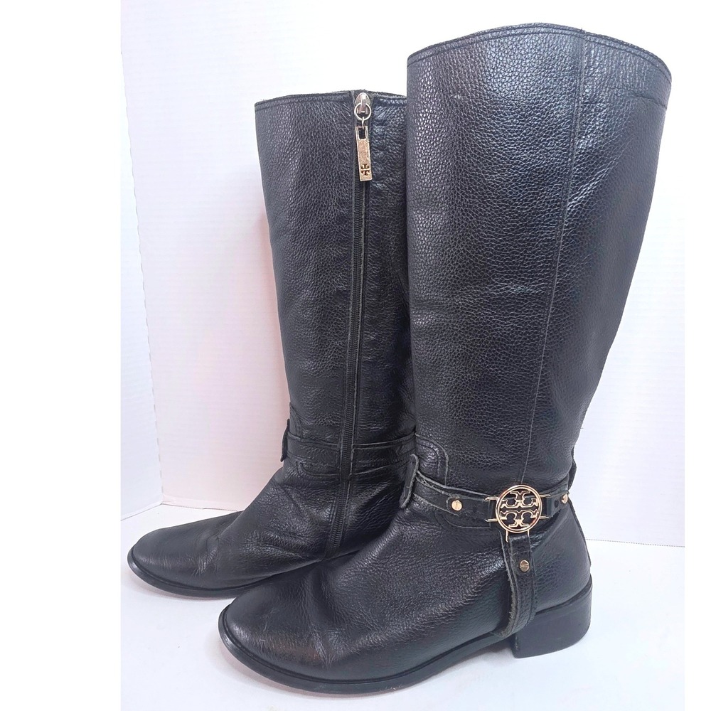 Tory Burch Amanda Black Pebbled Leather Tall Riding Boots Gold Logo CALLOUTS 8.5